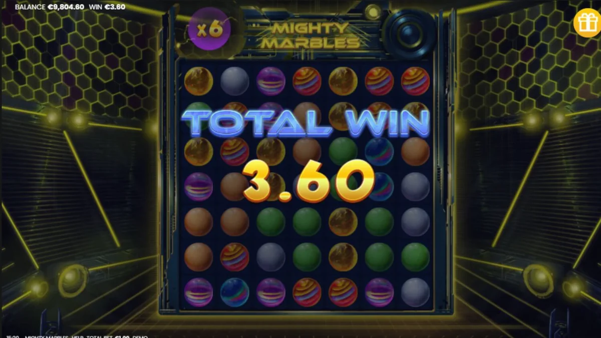 Tampilan visual slot Mighty Marbles dengan tema kelereng neon kosmik