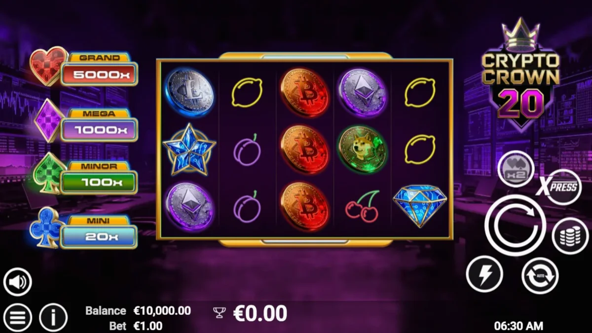 Tampilan visual slot Crypto Crown 20 dengan simbol kripto dan neon